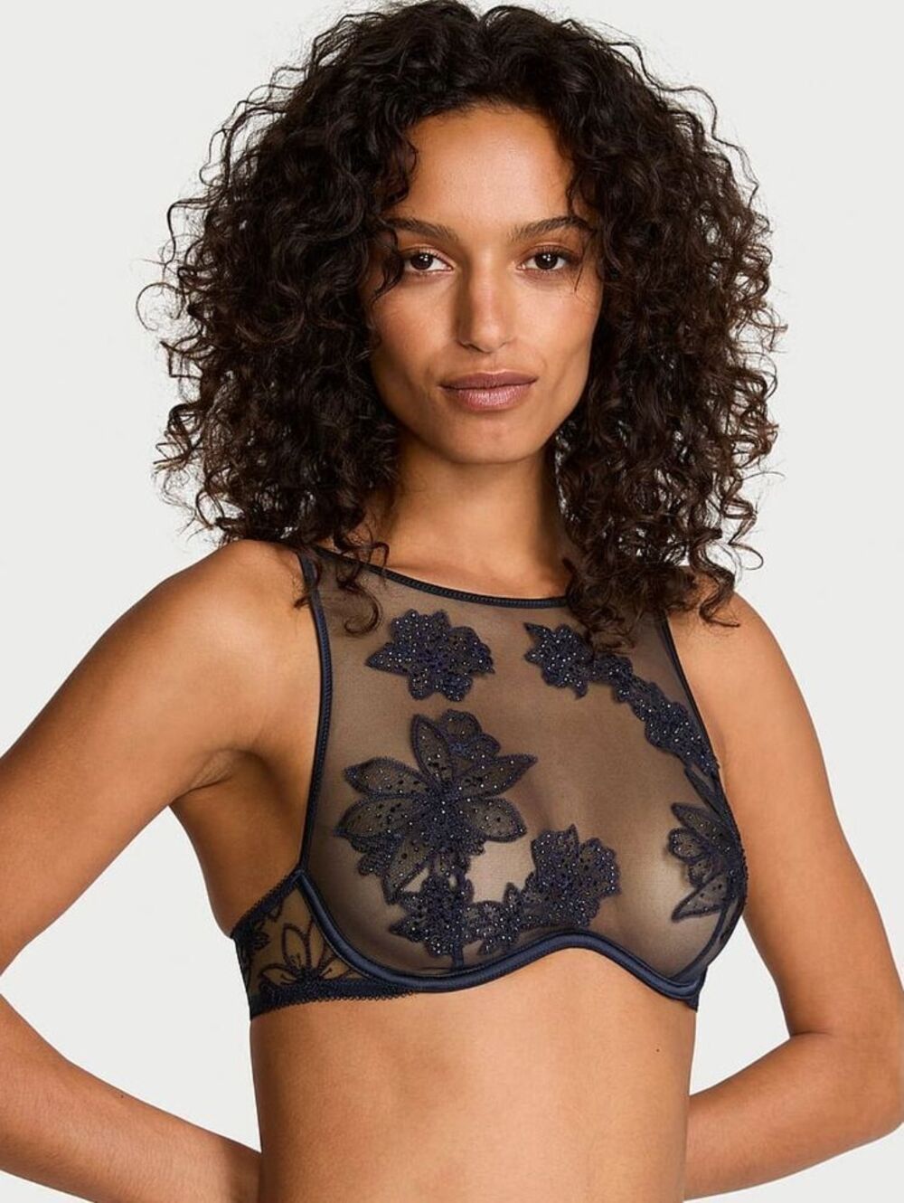 Victoria's Secret Very Sexy Ziggy Noir Embroidery High-Neck Unlined Bra Top M-DD